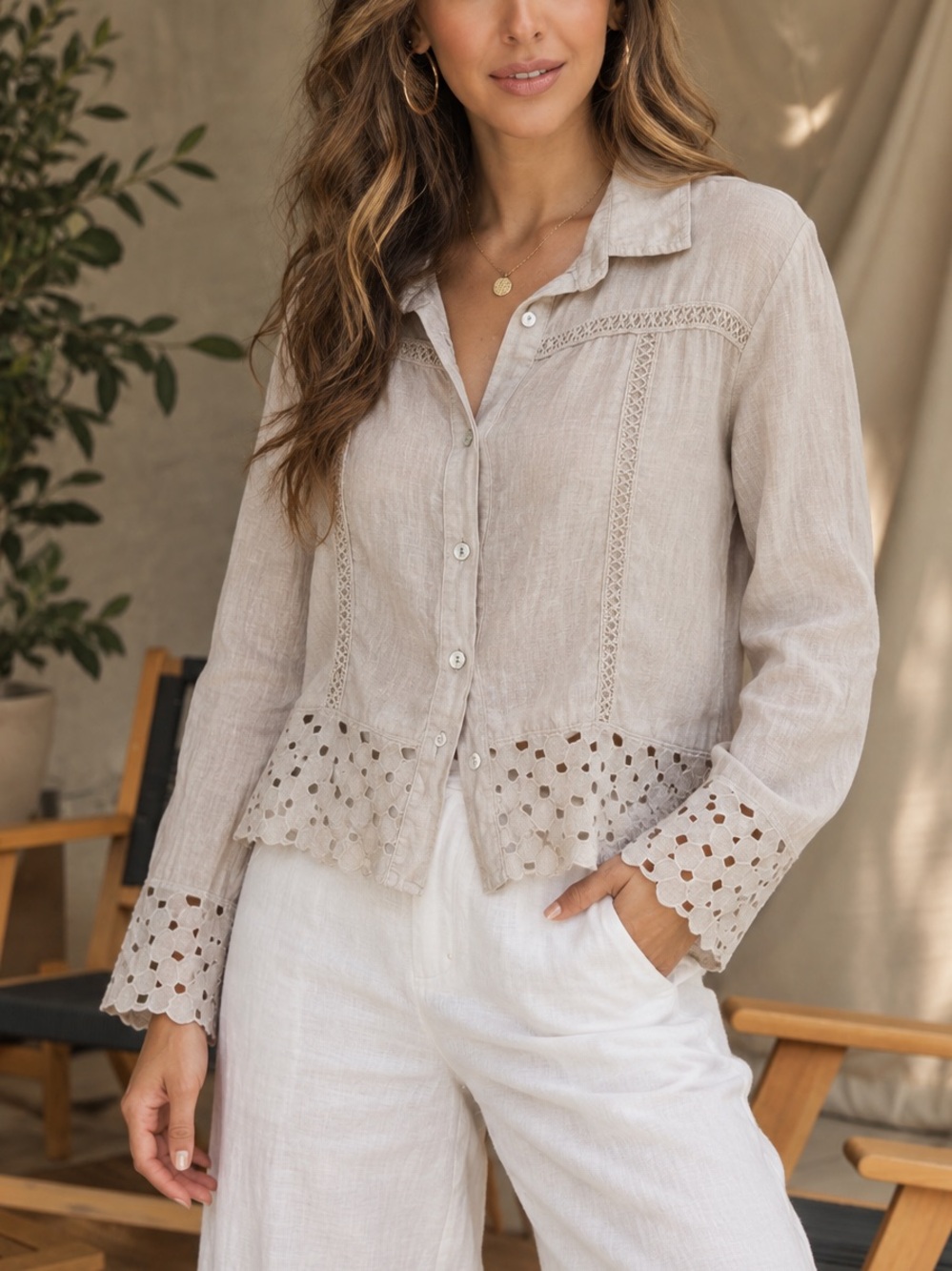 Milio Milano 100% Linen Eyelet Blouse Size L Made in Italy